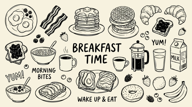 Comprehensive collection of sketched breakfast meal doodle icon set featuring coffee egg toast and pancake elements in a playful line vector illustration style for cafe menu culinary branding.