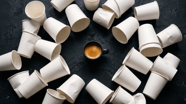 Single Cup of Espresso Surrounded by a Circle of Empty Disposable White Paper Cups on a Dark Background