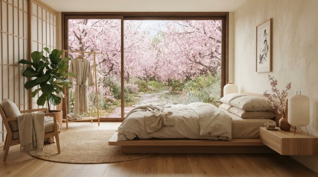 A serene bedroom features a low wooden platform bed with a white linen duvet and pillows.