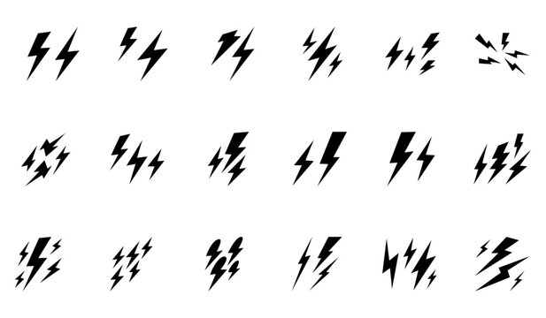 Thunderbolt icon set vector set. lightning bolt icons. noise and loud sound symbols. Energetic comic electric flashes for action, power, speed, and danger effects.