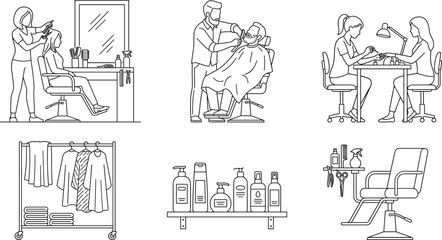 Obraz premium Beauty Salon and Barber Shop Line Art Set, Hair Styling Manicure Service Collection