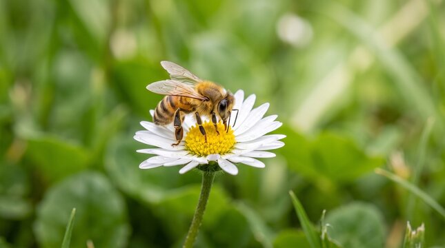 A honeybee collecting pollen and nectar from a fresh white daisy flower in a lush green spring meadow