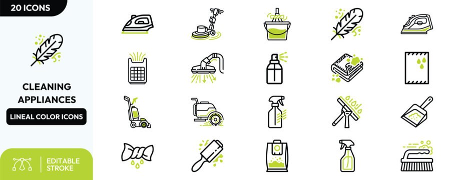 Maintenance equipment set. ing tools, household appliances, scrubber, spray bottle, dustpan, mop, broom, bucket, feather duster. Editable stroke. Vector. Editable stroke. Vector illustration.