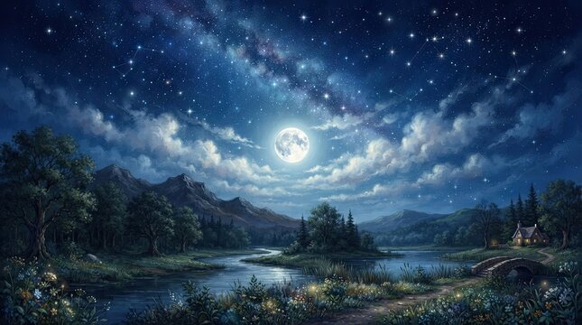 A luminous full moon dominates a dark, starry night sky above a serene landscape.