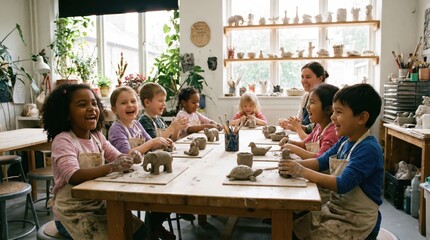 Obraz premium diverse children making clay animals in sunny art class. african girl and asian boy smiling. teacher watching kids. creative childhood education, pottery workshop. banner, website header.