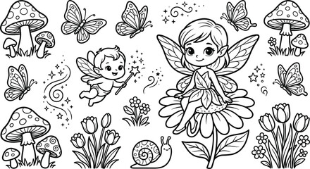 Cute Fairy Coloring Page with Baby Fairy, Butterflies, Mushrooms, Flowers and Magical Garden Elements, Educational Kids Activity Vector Outline Illustration © MdMostafijur