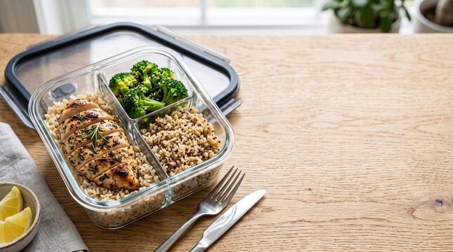 Convenient and healthy homemade meal prep with grilled chicken, broccoli, and brown rice in a glass container, ideal for a balanced diet and active lifestyle