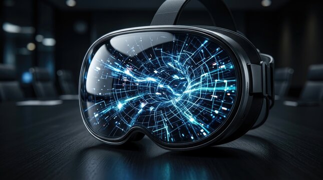A black VR headset displays a vibrant, abstract digital world within its lenses.