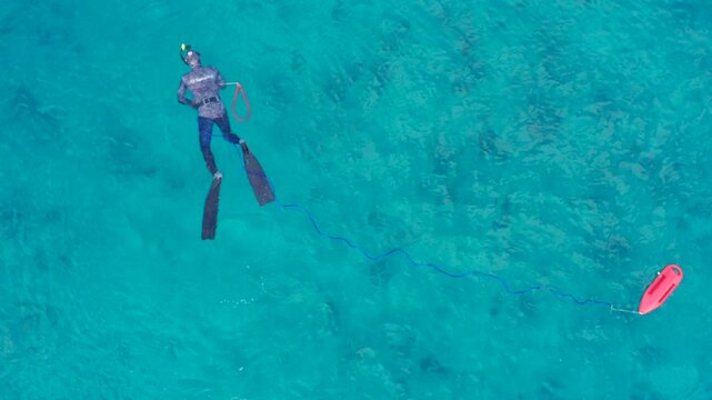 Perfect overhead aerial drone view of a spearfisher floating in crystal-clear turquoise Hawaiian waters, towing a bright safety float while searching the reef below. The calm tropical ocean, exception