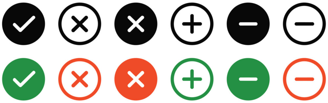 Plus minus check mark and close buttons featuring approved disapproved OK and red X symbols for interface controls, vector design.