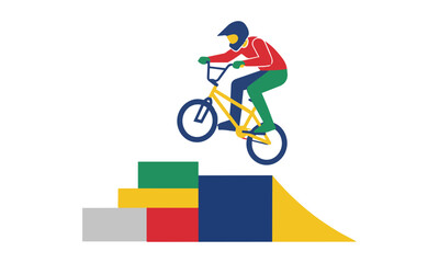 Obraz premium Dynamic BMX rider in mid-air over a stylized ramp, depicted with bold flat colors, isolated on white. Extreme sport concept