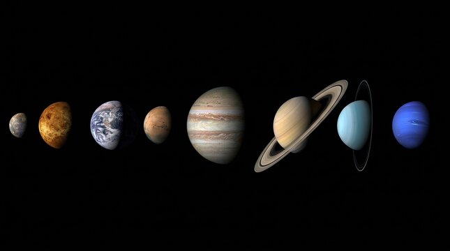 A stylized illustration depicts the planets of our solar system arranged in order from Mercury to Neptune.