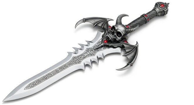 Ornate Medieval Fantasy Short Sword with Demon Skull Hilt and Serrated Blade for Gaming and Cosplay