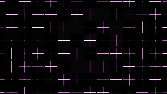 Abstract footage of glowing purple digital lines and crosses moving on a black background