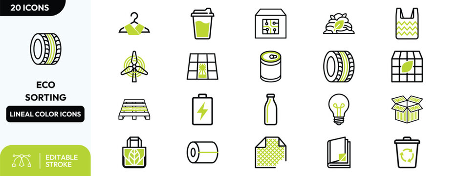 Environmental Conservation . Recycling loop, wind turbine, compost heap, reusable tote, fabric, battery, paper roll, cardboard box, light bulb. Editable stroke. Editable stroke. Vector illustration.