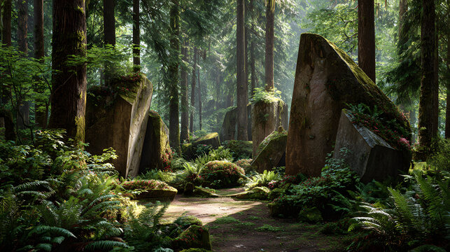 Ancient stone ruins in a lush forest. Mossy monoliths standing in a wild woodland.