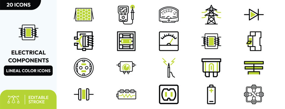 Power system components set. circuit breaker, ammeter, transformer, diode, relay, battery, fuse, voltmeter. Editable stroke. Vector illustration.