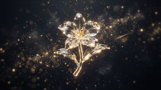 A luminous, crystal lily blossom floats against a dark, blurred background of golden sparkles.