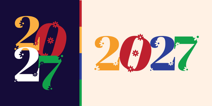 Creative 2027 typography featuring colorful bold numbers decorated with charming floral elements. A playful, modern, and festive design perfect for New Year celebrations, greeting cards, posters.