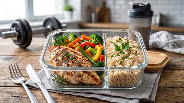 Healthy meal prep container with grilled chicken breast, vegetables, brown rice, and fitness accessories on wooden table