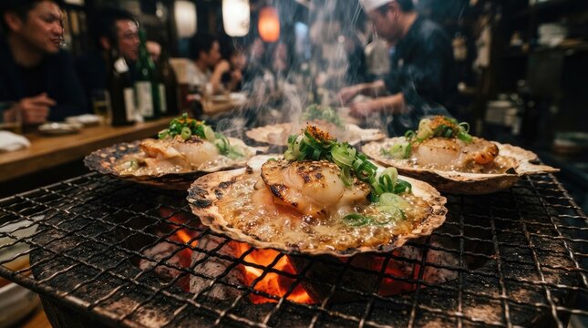 A close-up shot of three hot plates filled with grilled scallops, garnished with green onions and a flavorful sauce.