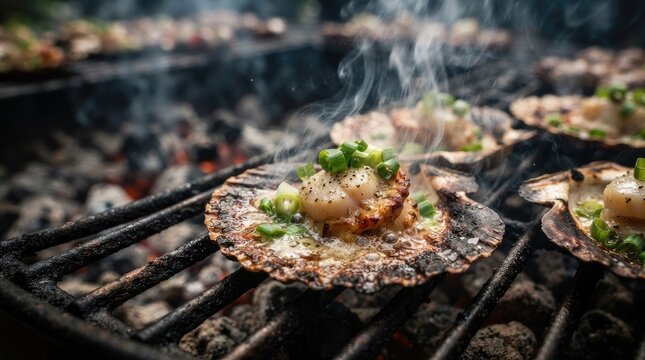 A close-up shot of grilled scallops on seaweed shells, being cooked on a charcoal grill.