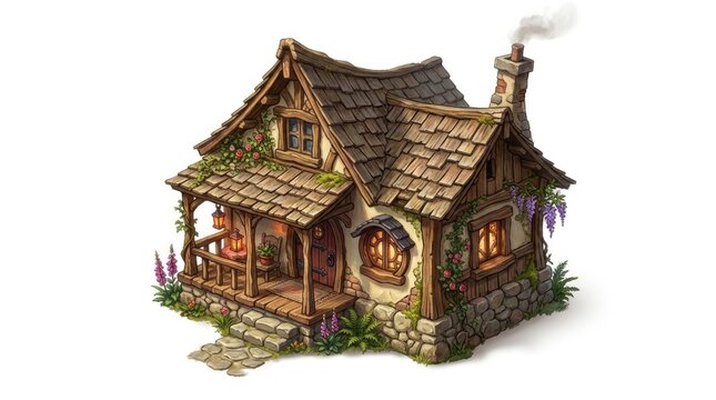A charming, detailed illustration of a quaint, rustic cottage.