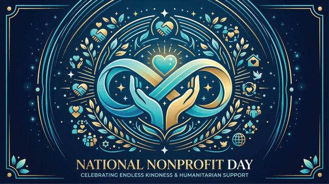 National Nonprofit Day banner, heart shaped hot air balloons over community charity festival, philanthropic event vector illustration