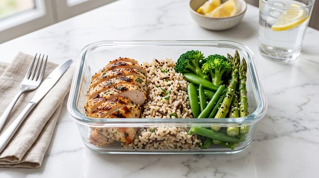 Healthy Meal Prep with Grilled Chicken, Brown Rice, and Green Vegetables in a Glass Container