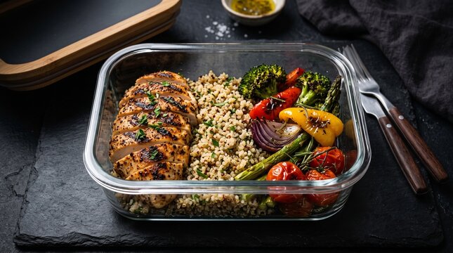 Healthy Meal Prep Glass Container with Grilled Chicken Breast, Quinoa and Roasted Mixed Vegetables