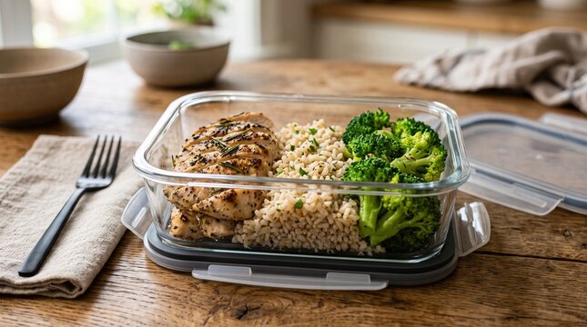 Healthy meal prep container with grilled chicken breast brown rice and fresh steamed broccoli on wooden table
