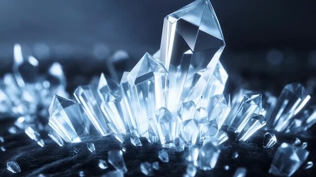 Tracking shot moving forward over crystal cluster emerging from dark textured surface with cool blue luminous light and sharp reflective facets