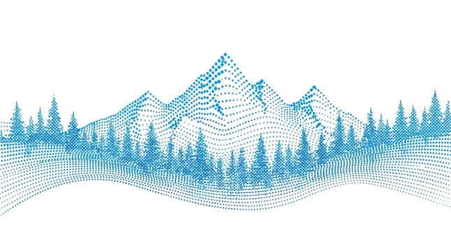 Abstract geometric mountain landscape illustration featuring blue diamond patterns and silhouettes of pine forest trees under a creative minimalist sky for modern vector background design.
