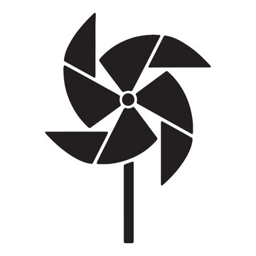 Minimalist black silhouette icon depicting a classic toy pinwheel attached to a simple stick handle