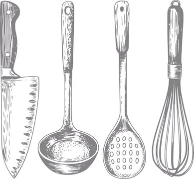 Utensilios de cocina vintage: cuchillo, cuchar&oacute;n, espumadera y batidor