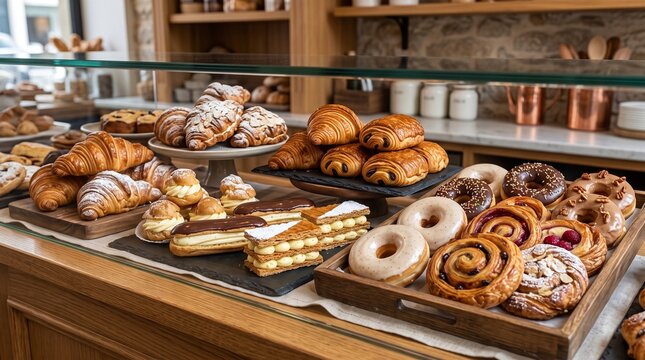 Assortment of fresh croissants, donuts, and pastries on display in a local bakery shop counter
