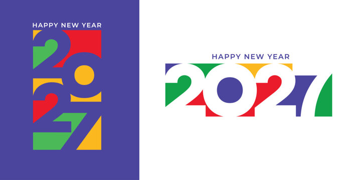 Creative Happy New Year 2027 typography featuring colorful geometric shapes and bold abstract composition. Modern minimalist design with vibrant colors, perfect for greeting cards, posters, banners.