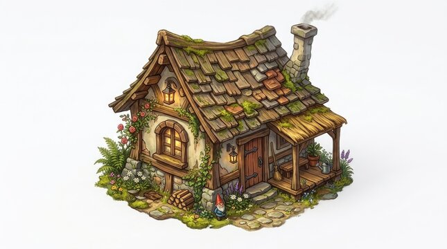 A charming, whimsical cottage sits nestled amidst lush greenery.
