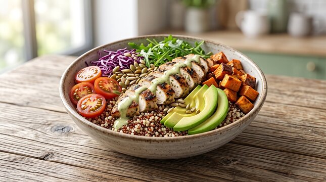 Healthy Buddha bowl with grilled chicken breast, quinoa, avocado, cherry tomatoes, and sweet potato on rustic wooden table
