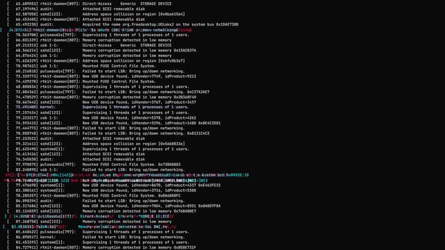 Computer code terminal scrolling with syntax highlighting and diagnostic system logs on black background for software development themes.