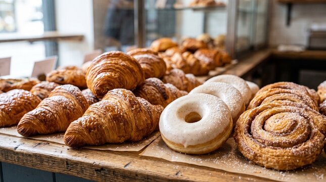 Freshly baked croissants, glazed donuts, and cinnamon rolls displayed on a wooden bakery counter