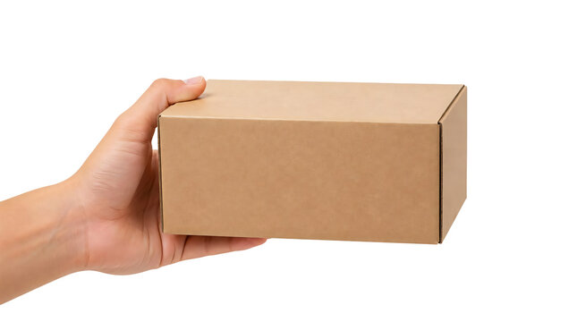 Hand holding cardboard box isolated on transparent background