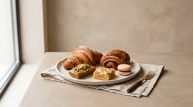 Freshly Baked French Pastries Including Croissants and Macaron on a Ceramic Plate by a Window