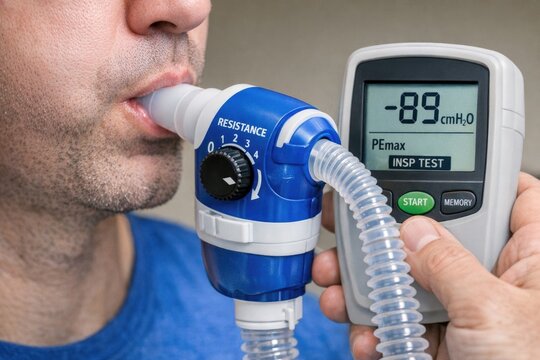 A person checks their respiratory function with an inhaler, useful for medical or health-related concepts