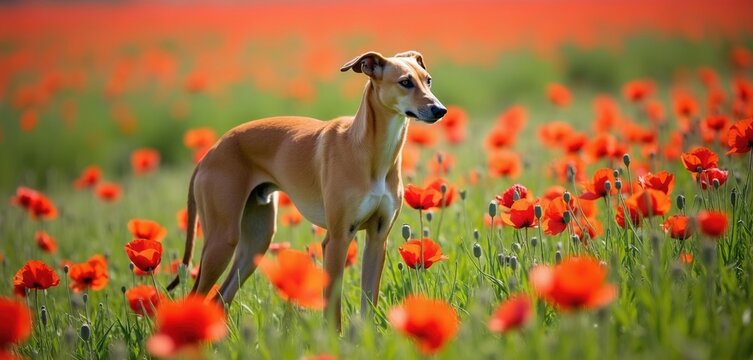 Light brown dog stands in a field of vibrant red poppies under a bright spring day. Animal gazes attentively to the side while surrounded by blooming wildflowers and green grass.