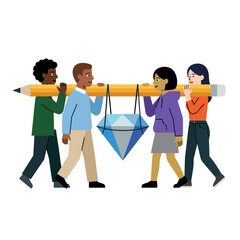 Obraz premium Diverse Team Carrying Giant Pencil and Diamond | Concept of Collaboration