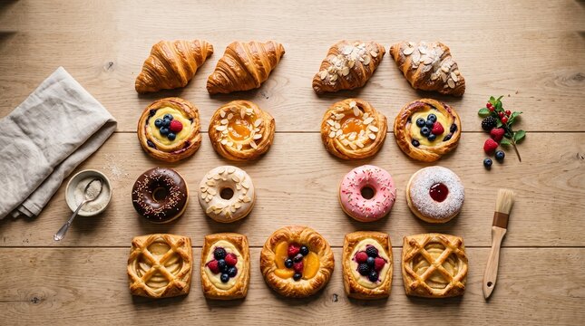Assorted Freshly Baked French Pastries Featuring Buttery Croissants Fruit Danishes and Glazed Donuts on a Rustic Wooden Kitchen Table Surface
