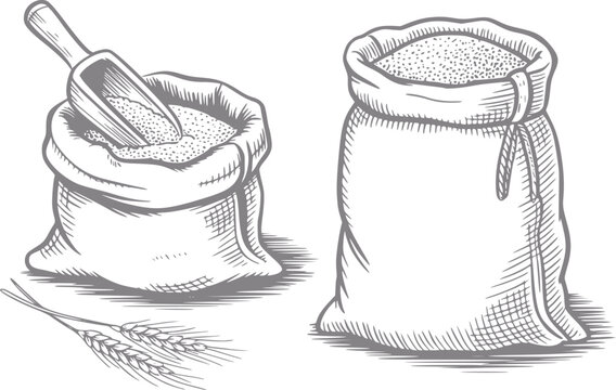 Vintage de dos sacos de grano con una pala y tallos de trigo
