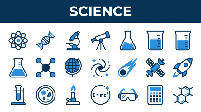 Collection of science icons in blue color, including laboratory equipment, space exploration and scientific symbols