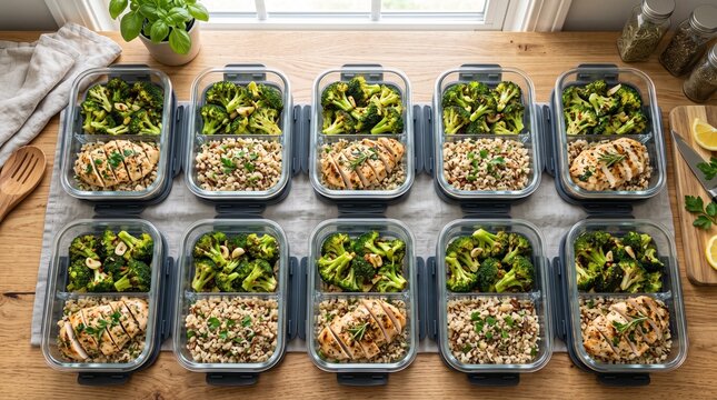 Top-down view of ten meal prep containers filled with healthy food including chicken and broccoli